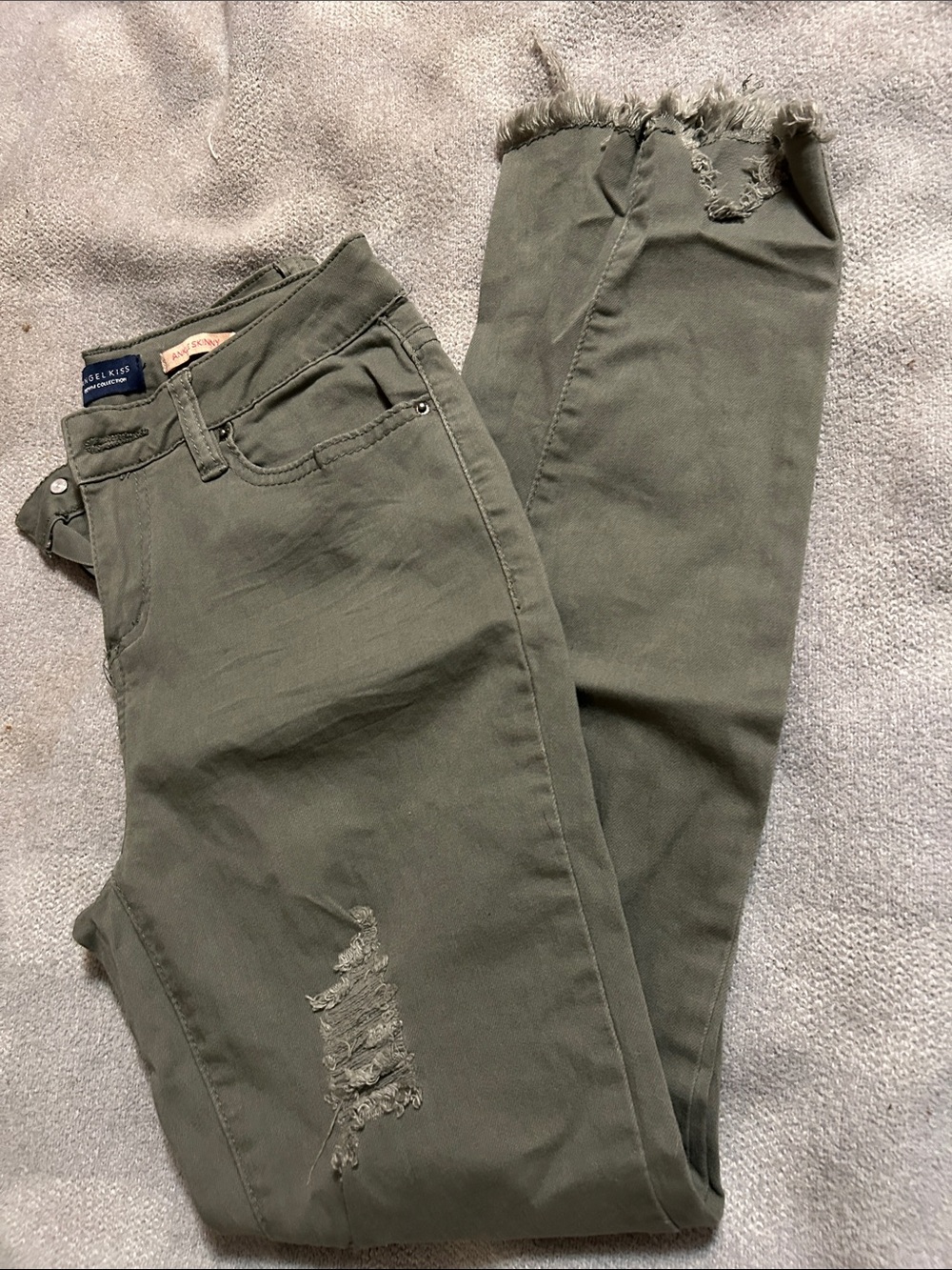 Angel Kiss Olive Green Distressed Frayed Hem Jeans